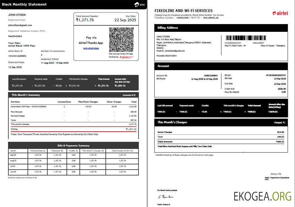 India Airtel utility bill template in Word and PDF formats, 2 pages, version 5